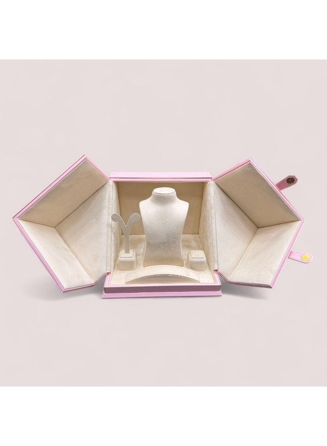 Al Seraj Luxury 4-in-1 Jewellery Organizer Box Set | Premium Pink Rexine Exterior with Beige Suede Interior | Necklace, Ring, Earring & Bracelet Display Case | Made in Dubai | Gift & Showroom Storage - Image 3
