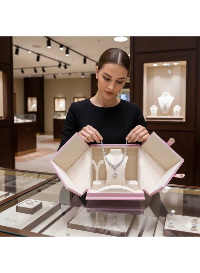 Al Seraj Luxury 4-in-1 Jewellery Organizer Box Set | Premium Pink Rexine Exterior with Beige Suede Interior | Necklace, Ring, Earring & Bracelet Display Case | Made in Dubai | Gift & Showroom Storage - Image 5