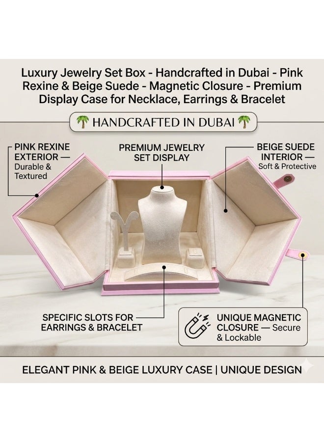 Al Seraj Luxury 4-in-1 Jewellery Organizer Box Set | Premium Pink Rexine Exterior with Beige Suede Interior | Necklace, Ring, Earring & Bracelet Display Case | Made in Dubai | Gift & Showroom Storage - Image 4