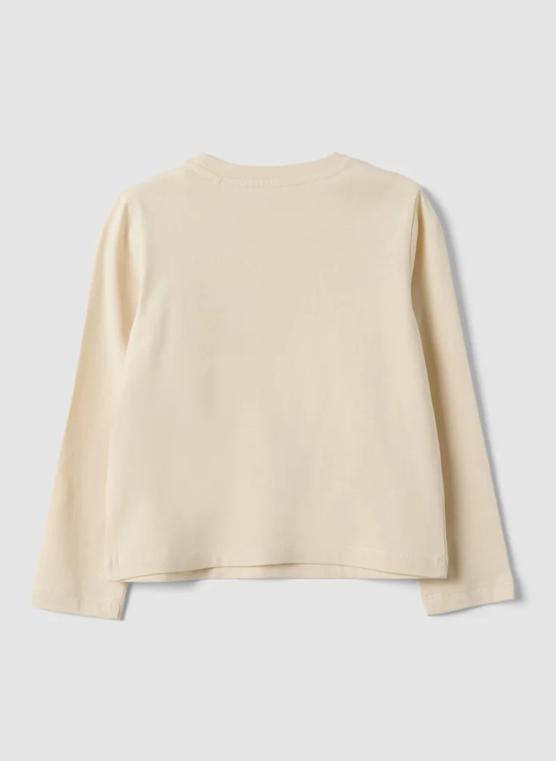 او في اس OVS Beige pure organic cotton T-shirt with front print for girls