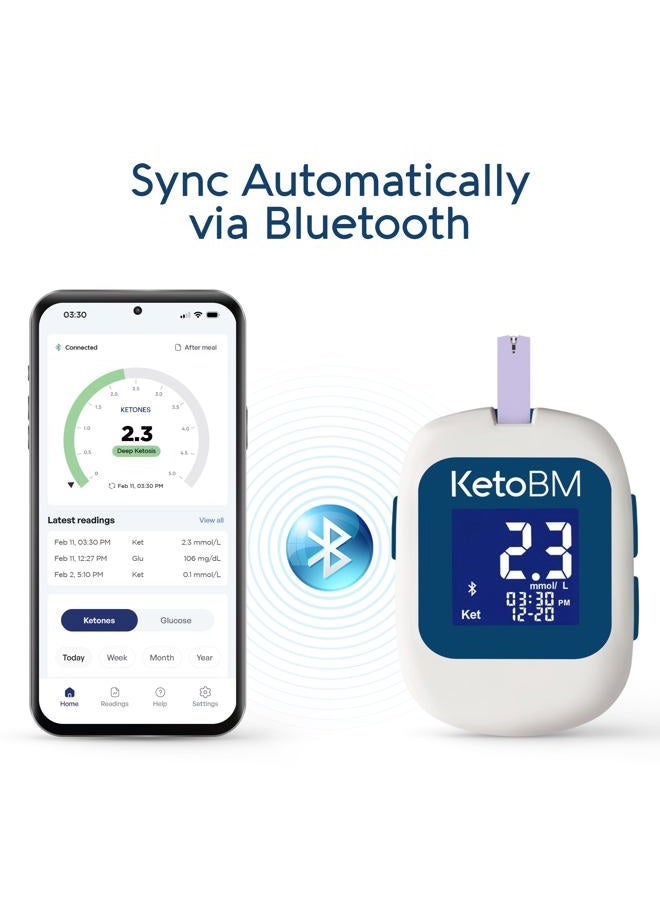 KetoBM نظام مراقبة الجلوكوز والكيتيون في الدم - مجموعة جهاز بلوتوث مع تطبيق مجاني، مجموعة المبتدئين مع شرائط اختبار الجلوكوز والكيتيون وإبر وخزات | مجموعة اختبار السكر في الدم والكيتيون الكاملة - Image 2