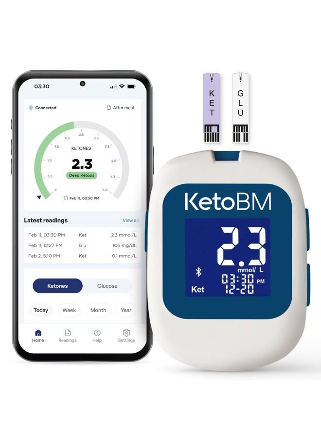 KetoBM نظام مراقبة الجلوكوز والكيتيون في الدم - مجموعة جهاز بلوتوث مع تطبيق مجاني، مجموعة المبتدئين مع شرائط اختبار الجلوكوز والكيتيون وإبر وخزات | مجموعة اختبار السكر في الدم والكيتيون الكاملة - Image 1