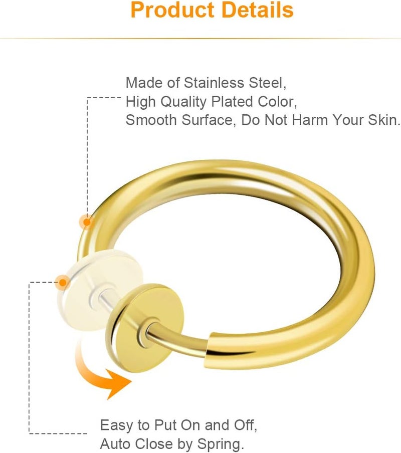 CrazyPiercing 8 قطع من حلقات الأنف والشفتين والأذن المزيفة غير المثقوبة من الفولاذ المقاوم للصدأ (لون ذهبي) - Image 4