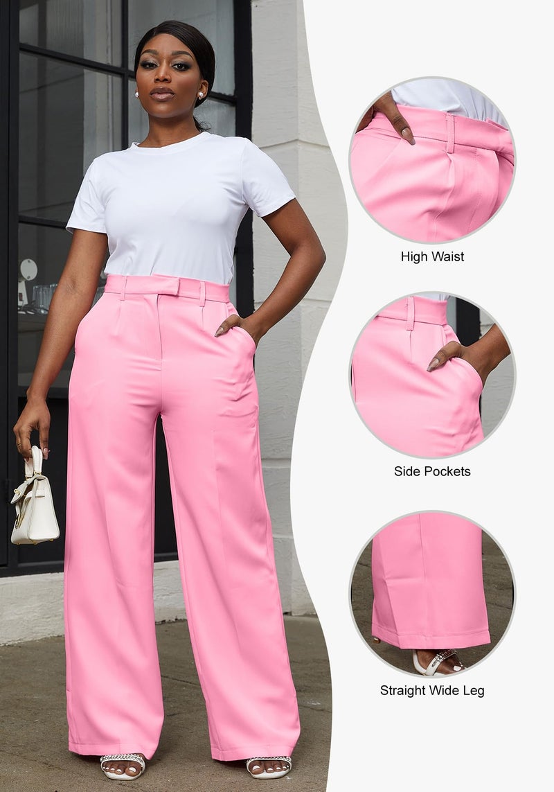 LKOUS Women's High Waisted Straight Wide Leg Dress Pants Stretchy Work Trousers with Pockets Business Casual Pink - Image 4