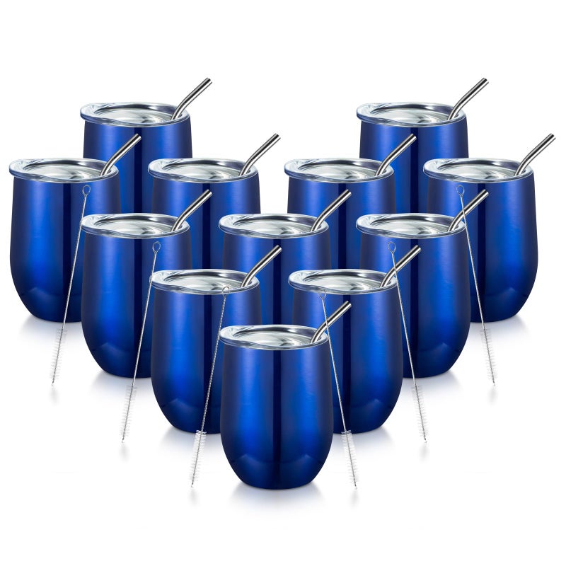 COMOOO Stainless Steel Wine Tumbler with Lid and Straw 12oz Double Wall Vacuum Insulated Wine Tumbler Cup Stemless Wine Tumbler for Hot and Cold Drinks Coffee Wine Cocktails Royal blue 12 Pack