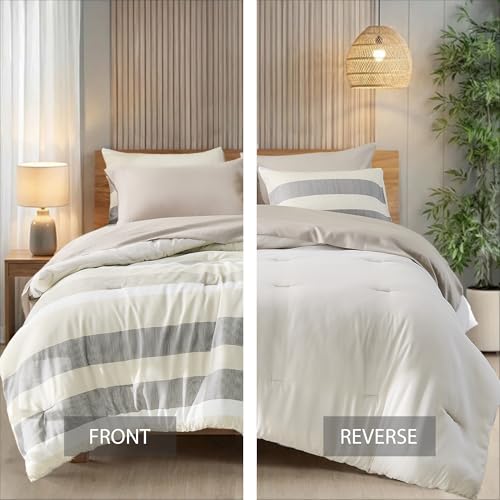 Regency Heights King Size Modern Striped Comforter Set, Lightweight Soft Microfiber Bedding Sets for All Season 7 Pieces Bed in A Bag Set with Comforter, Sheets, Pillowcases & Shams, Neutral - Image 3