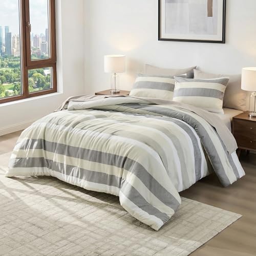 Regency Heights King Size Modern Striped Comforter Set, Lightweight Soft Microfiber Bedding Sets for All Season 7 Pieces Bed in A Bag Set with Comforter, Sheets, Pillowcases & Shams, Neutral - Image 2