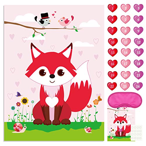 FEPITO Pin The Heart on The Fox Valentines Game with 24Pcs Heart Stickers for Valentines Party Supplies Kids Birthday Party Decoration - Image 1