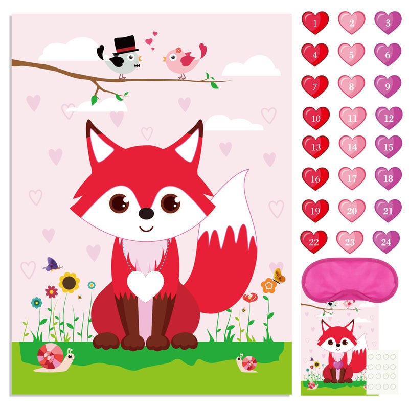 FEPITO Pin The Heart on The Fox Valentines Game with 24Pcs Heart Stickers for Valentines Party Supplies Kids Birthday Party Decoration - Image 3