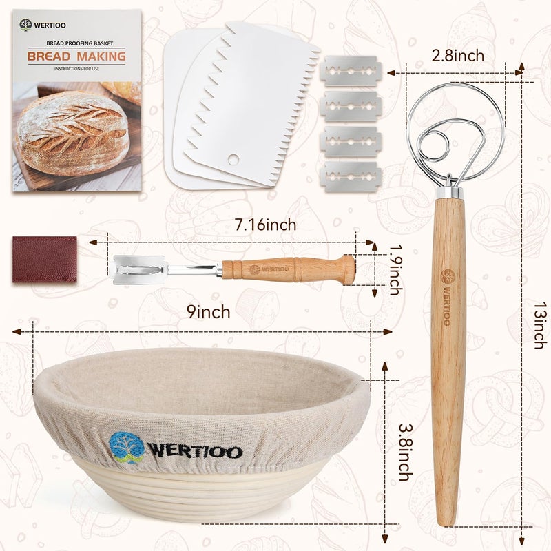 WERTIOO 9 Inch Banneton Bread Proofing Basket  Wertioo Banneton Sourdough Proofing Basket Set Of 2+ Bread Making + Bread Lame+ Danish Whisk+ Bowl Scraper+ Linen Liner Sourdough Bread Baking Supplies - Image 2
