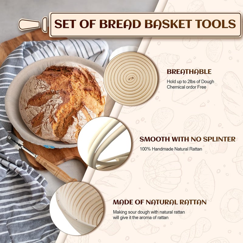 WERTIOO 9 Inch Banneton Bread Proofing Basket  Wertioo Banneton Sourdough Proofing Basket Set Of 2+ Bread Making + Bread Lame+ Danish Whisk+ Bowl Scraper+ Linen Liner Sourdough Bread Baking Supplies - Image 3