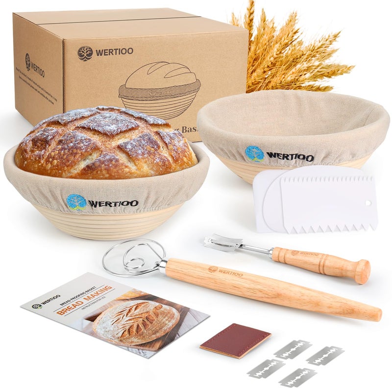 WERTIOO 9 Inch Banneton Bread Proofing Basket  Wertioo Banneton Sourdough Proofing Basket Set Of 2+ Bread Making + Bread Lame+ Danish Whisk+ Bowl Scraper+ Linen Liner Sourdough Bread Baking Supplies - Image 1