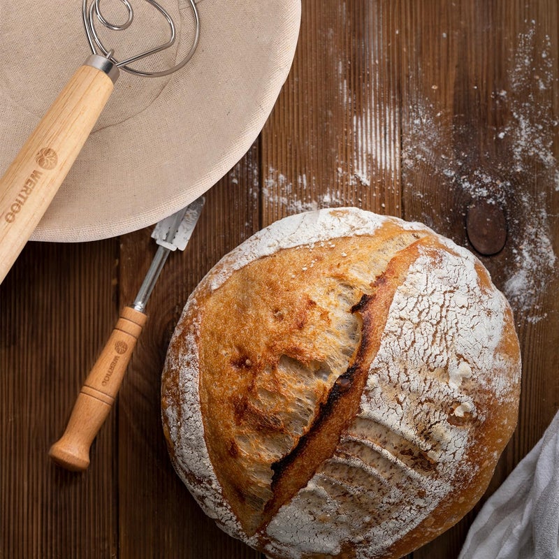 WERTIOO 9 Inch Banneton Bread Proofing Basket  Wertioo Banneton Sourdough Proofing Basket Set Of 2+ Bread Making + Bread Lame+ Danish Whisk+ Bowl Scraper+ Linen Liner Sourdough Bread Baking Supplies - Image 5