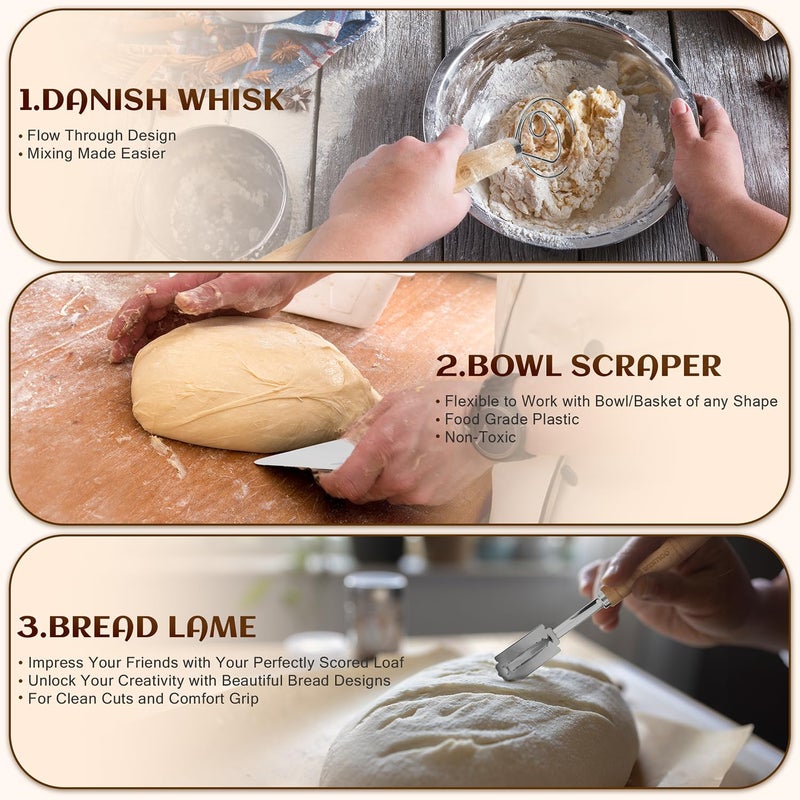 WERTIOO 9 Inch Banneton Bread Proofing Basket  Wertioo Banneton Sourdough Proofing Basket Set Of 2+ Bread Making + Bread Lame+ Danish Whisk+ Bowl Scraper+ Linen Liner Sourdough Bread Baking Supplies - Image 4