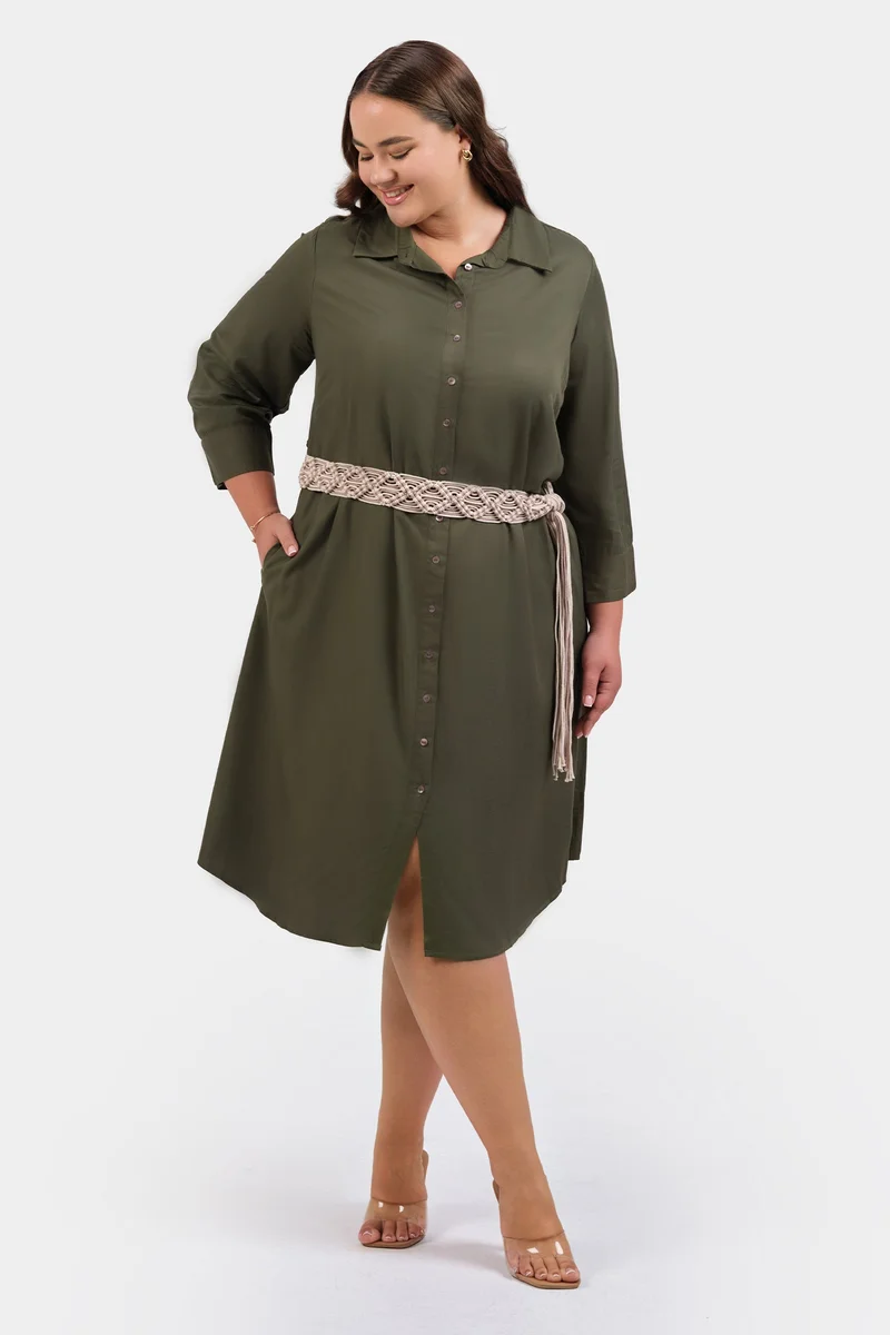 Virgio Solid Tencel Midi Plus Size Dress With Belt for Women