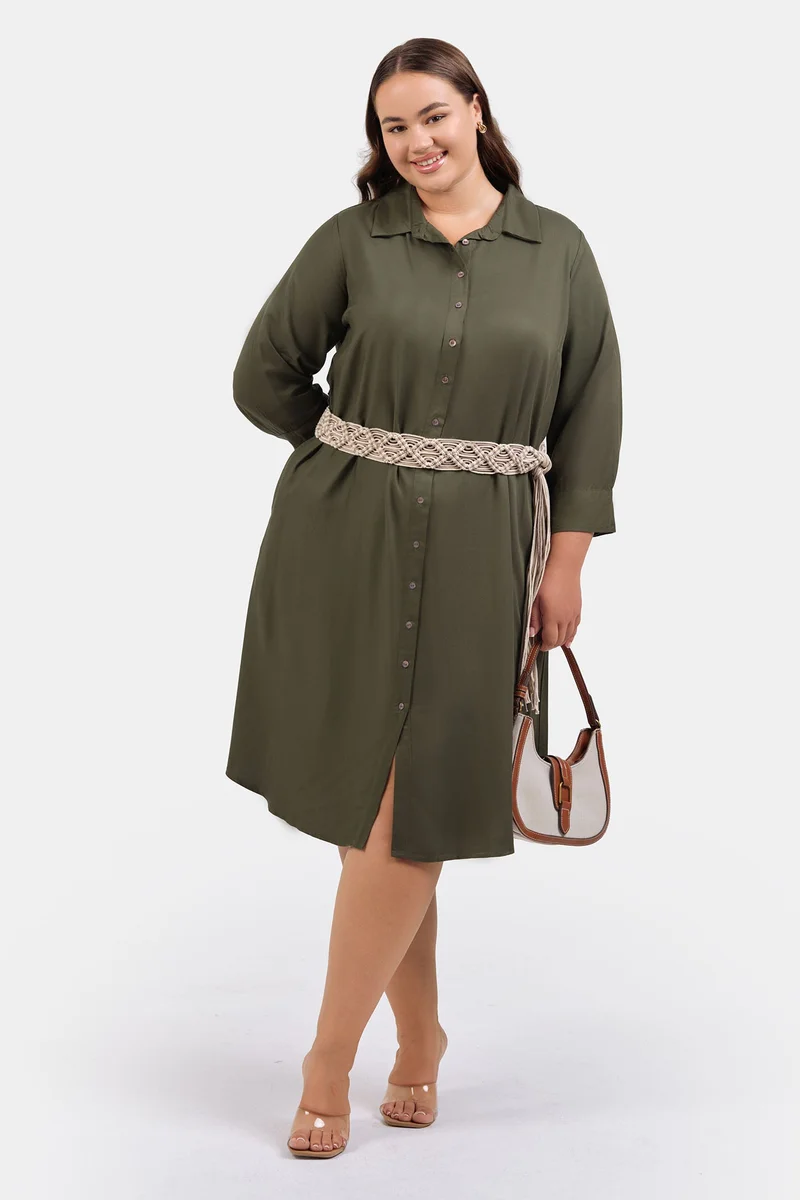 Virgio Solid Tencel Midi Plus Size Dress With Belt for Women