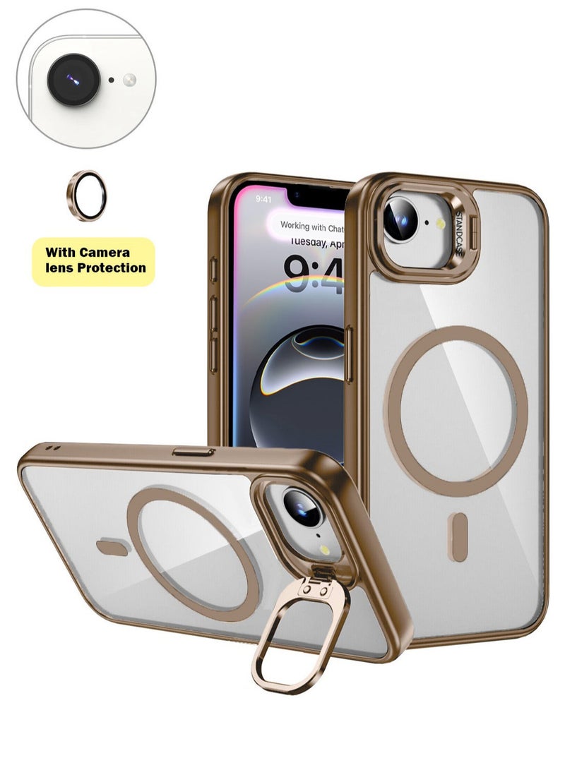 Wtech Apple iPhone 16e 5G 2025 Luxury Magsafe Transparent Kickstand Stand Case With Metal Ring Transparent Camera Protection Lens Phone Case Cover - Desert Titanium - Image 1