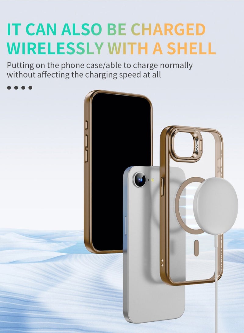 Wtech Apple iPhone 16e 5G 2025 Luxury Magsafe Transparent Kickstand Stand Case With Metal Ring Transparent Camera Protection Lens Phone Case Cover - Desert Titanium - Image 2