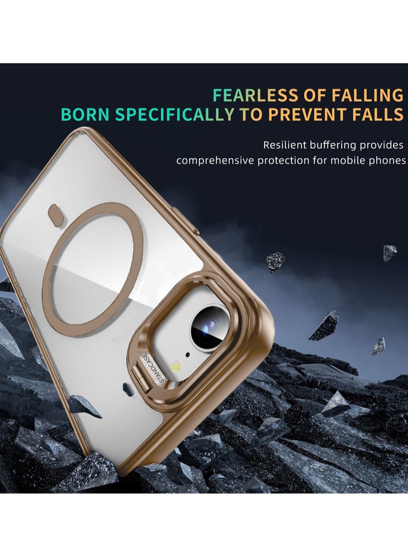 Wtech Apple iPhone 16e 5G 2025 Luxury Magsafe Transparent Kickstand Stand Case With Metal Ring Transparent Camera Protection Lens Phone Case Cover - Desert Titanium - Image 3
