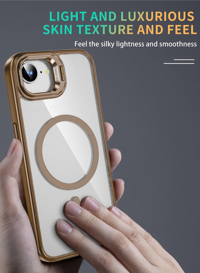 Wtech Apple iPhone 16e 5G 2025 Luxury Magsafe Transparent Kickstand Stand Case With Metal Ring Transparent Camera Protection Lens Phone Case Cover - Desert Titanium - Image 5
