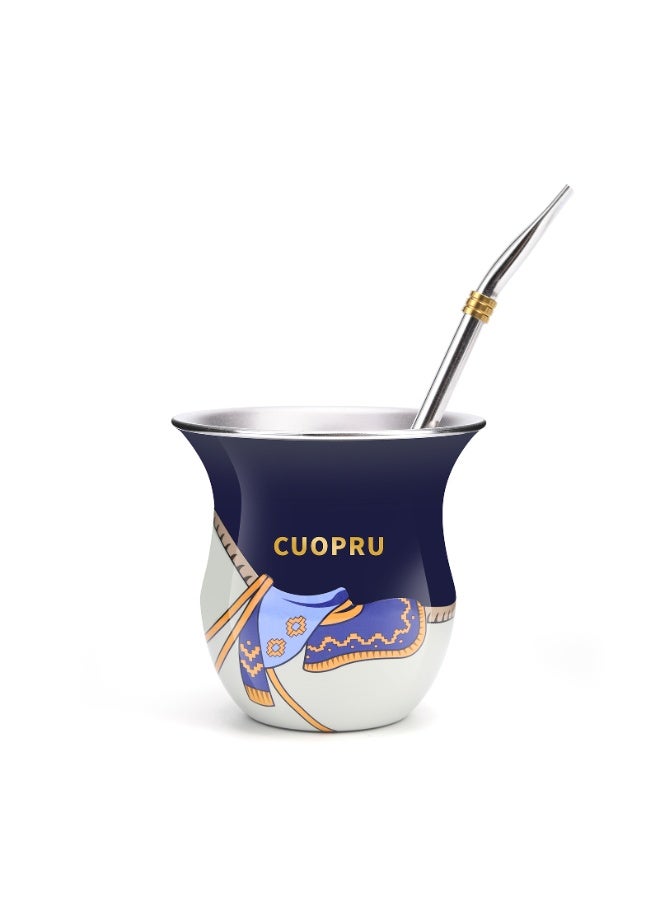 كوبرو كوب يربا ماتيه من CUOPRU بتصميم السرج مع شفاطة ومُفرشة تنظيف – قرعة فم واسع بسعة 280 مل للمتي، الشاي والمشروبات الأخرى (أزرق داكن) - Image 1