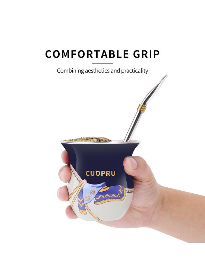 كوبرو كوب يربا ماتيه من CUOPRU بتصميم السرج مع شفاطة ومُفرشة تنظيف – قرعة فم واسع بسعة 280 مل للمتي، الشاي والمشروبات الأخرى (أزرق داكن) - Image 5