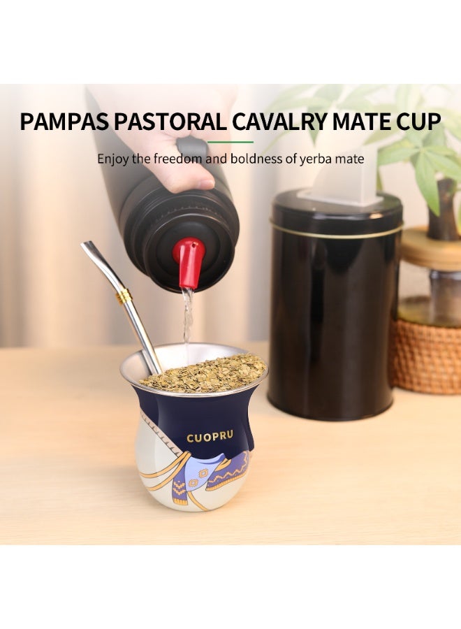 كوبرو كوب يربا ماتيه من CUOPRU بتصميم السرج مع شفاطة ومُفرشة تنظيف – قرعة فم واسع بسعة 280 مل للمتي، الشاي والمشروبات الأخرى (أزرق داكن) - Image 3