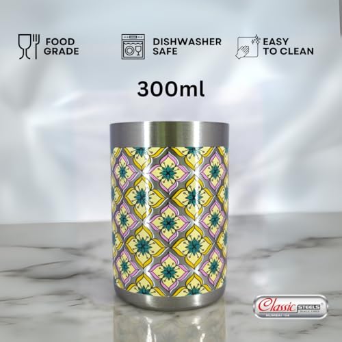 Classic Steels Stainless Steel - Multipurpose Tara Mandala Designer Glass Set for Home & Office | Ideal for Serving Water, Juice, Cold Drinks & Lemonade | Ideal Gift Choice | Pack of 6 | 300 ML Each - Image 4