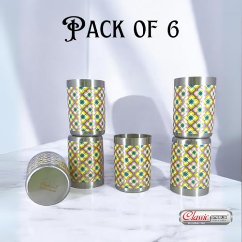Classic Steels Stainless Steel - Multipurpose Tara Mandala Designer Glass Set for Home & Office | Ideal for Serving Water, Juice, Cold Drinks & Lemonade | Ideal Gift Choice | Pack of 6 | 300 ML Each - Image 5