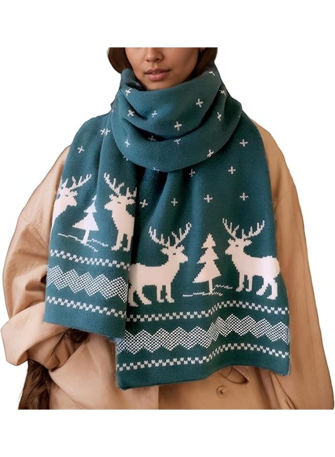 Fall Winter Soft Knit Scarf For Women Men Boys Girls, Christmas Scarf With Reindeer And Snowflake Pattern (Green) - Image 1