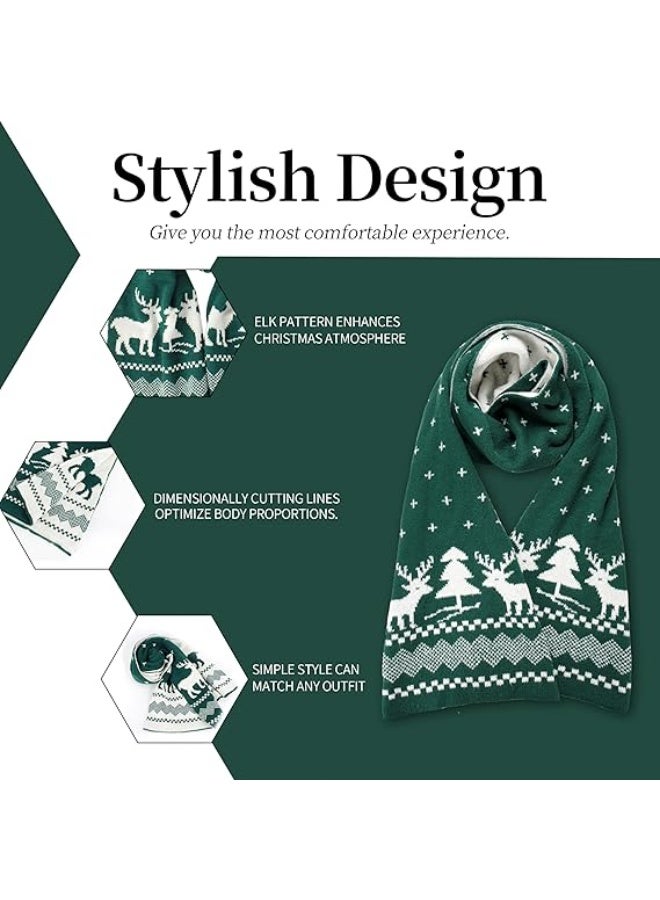 Fall Winter Soft Knit Scarf For Women Men Boys Girls, Christmas Scarf With Reindeer And Snowflake Pattern (Green) - Image 3
