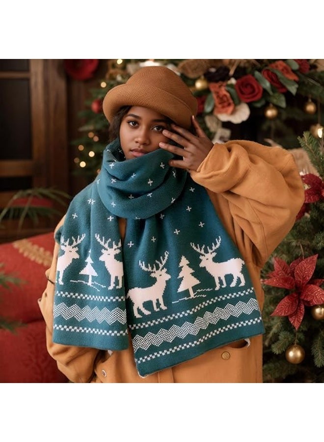 Fall Winter Soft Knit Scarf For Women Men Boys Girls, Christmas Scarf With Reindeer And Snowflake Pattern (Green) - Image 5