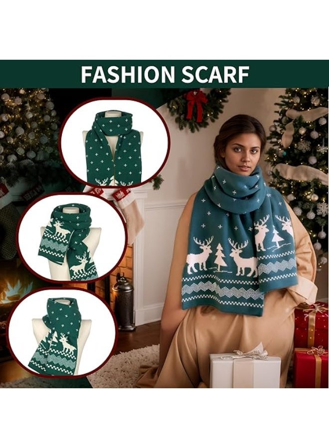 Fall Winter Soft Knit Scarf For Women Men Boys Girls, Christmas Scarf With Reindeer And Snowflake Pattern (Green) - Image 4