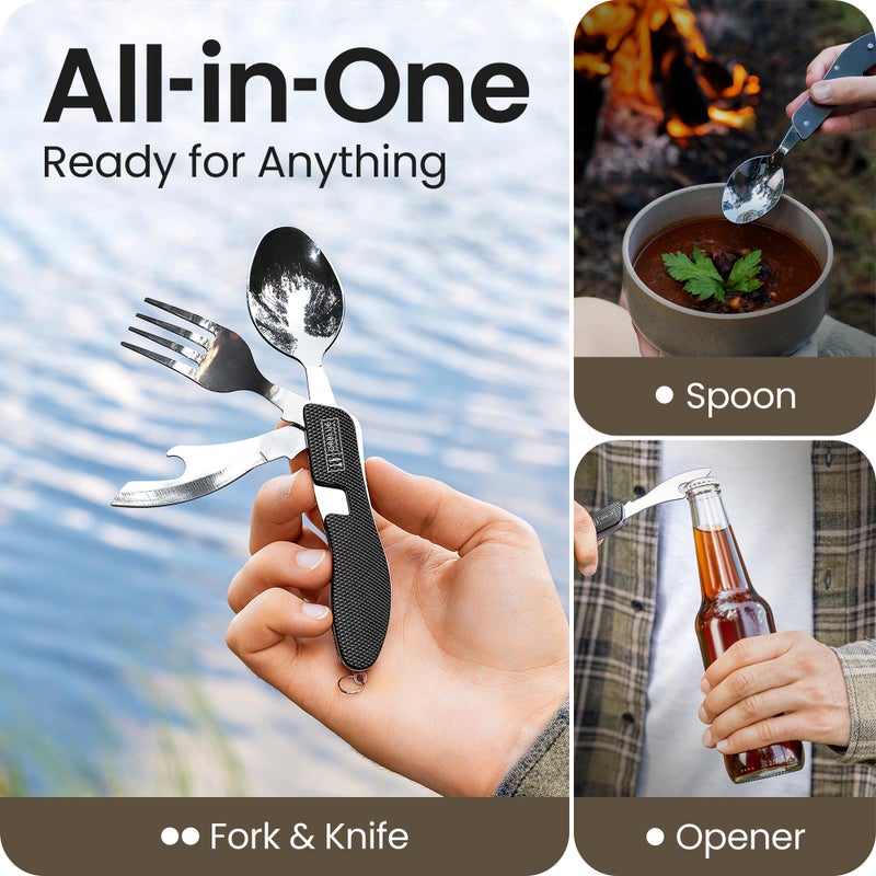Orblue 4-In-1 Camping Utensils  1-Pack  Portable Stainless Steel Spoon  Fork  Knife & Bottle Opener Combo Set - Travel  Backpacking Cutlery Multitool  Black - Image 2