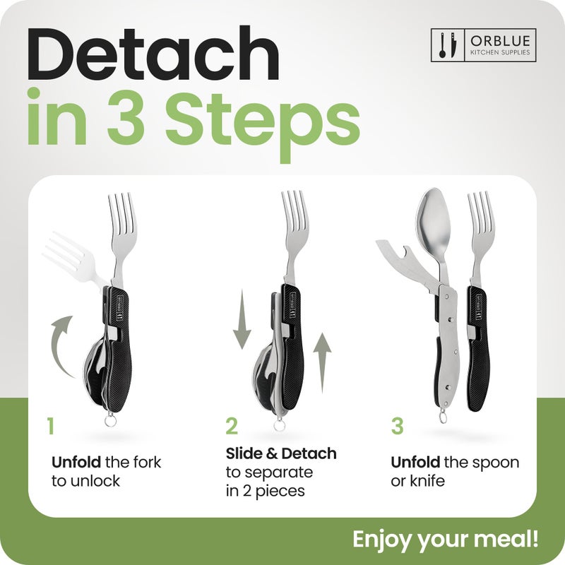 Orblue 4-In-1 Camping Utensils  1-Pack  Portable Stainless Steel Spoon  Fork  Knife & Bottle Opener Combo Set - Travel  Backpacking Cutlery Multitool  Black - Image 3