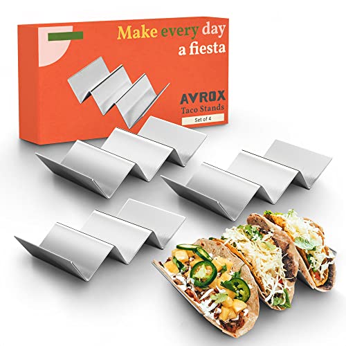 AVROX Pack of 4 - Stainless Steel Taco Holder Stand - Truck Tray Style - Each Rack Holds Up to 3 Tacos - Oven, Grill & Dishwasher Safe - Size 8" x 4" x 2" - Image 1