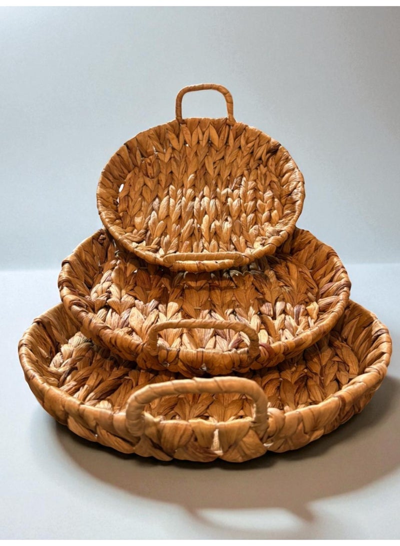 3-Piece Set – Handwoven Natural Seagrass Round Serving Trays with Handles - Image 1