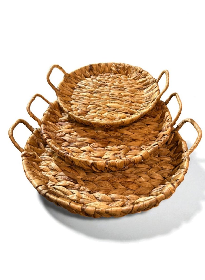 3-Piece Set – Handwoven Natural Seagrass Round Serving Trays with Handles - Image 2