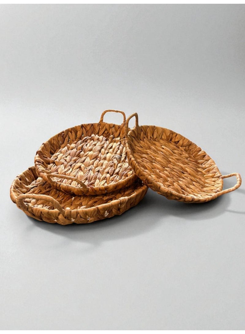 3-Piece Set – Handwoven Natural Seagrass Round Serving Trays with Handles - Image 3