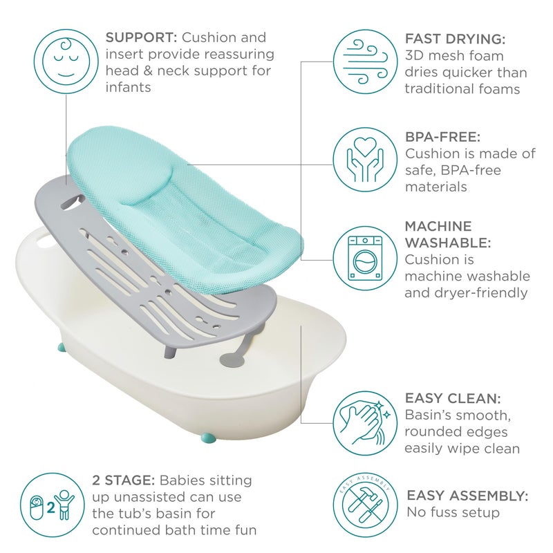 Contours Oasis 2-Stage Newborn Baby Bathtub with Grow with Me Design, Comfortable Quick Dry Plush Cushion, Baby Bath Essentials for New Parents, Newborn to Toddler Baby Tub - White - Image 3