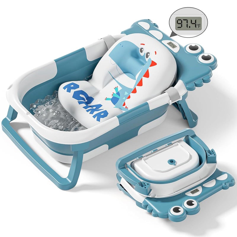 Tavlshero Collapsible Baby Bathtub for Newborn, Foldable Baby Bath Tub with Thermometer & Soft Floating Cushion & Drain Hole, Portable Travel Infant Bath Tubs for Newborns to Toddler 0-36 Months Girl, Blue - Image 1