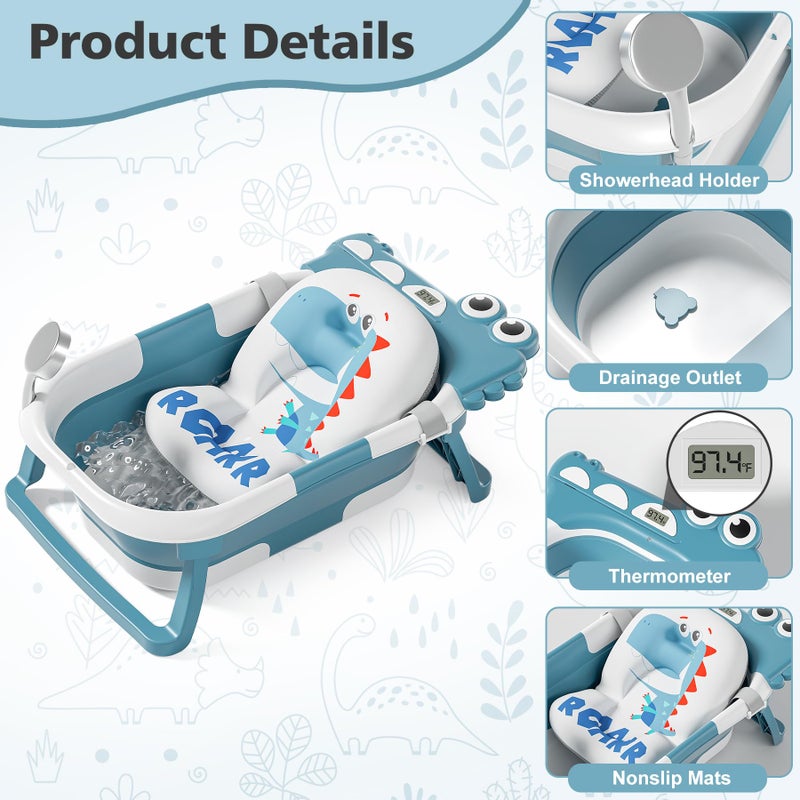 Tavlshero Collapsible Baby Bathtub for Newborn, Foldable Baby Bath Tub with Thermometer & Soft Floating Cushion & Drain Hole, Portable Travel Infant Bath Tubs for Newborns to Toddler 0-36 Months Girl, Blue - Image 2