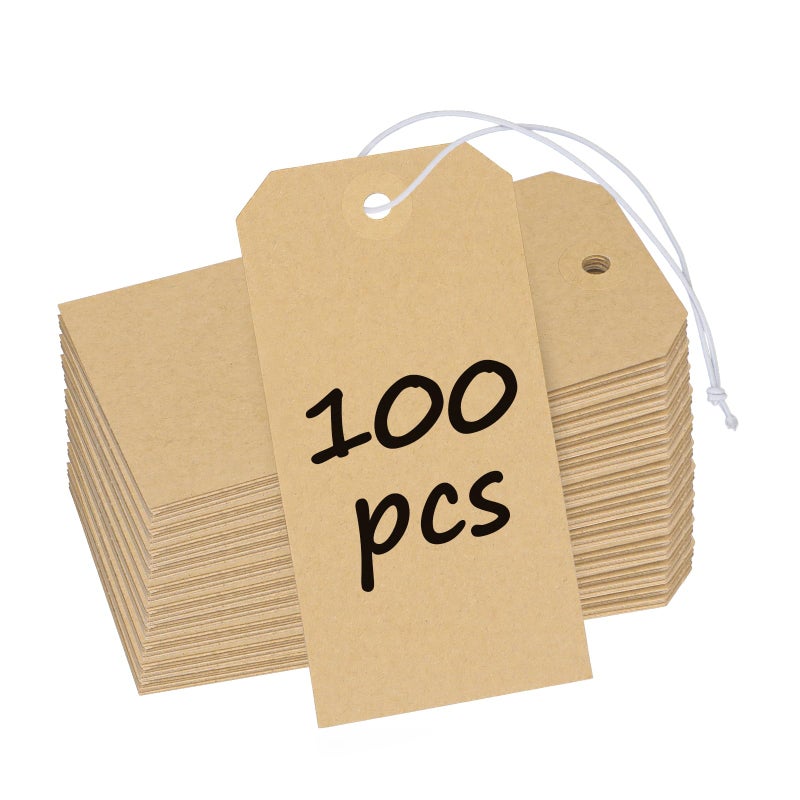 Uniclife 100 Pcs Kraft Blank Shipping Tags with Elastic String Attached Hanging Paper Tags with Reinforced Eyelet Large Marking Price Tag Inventory Label Tag, 4.7" x 2 3/8" - Image 1