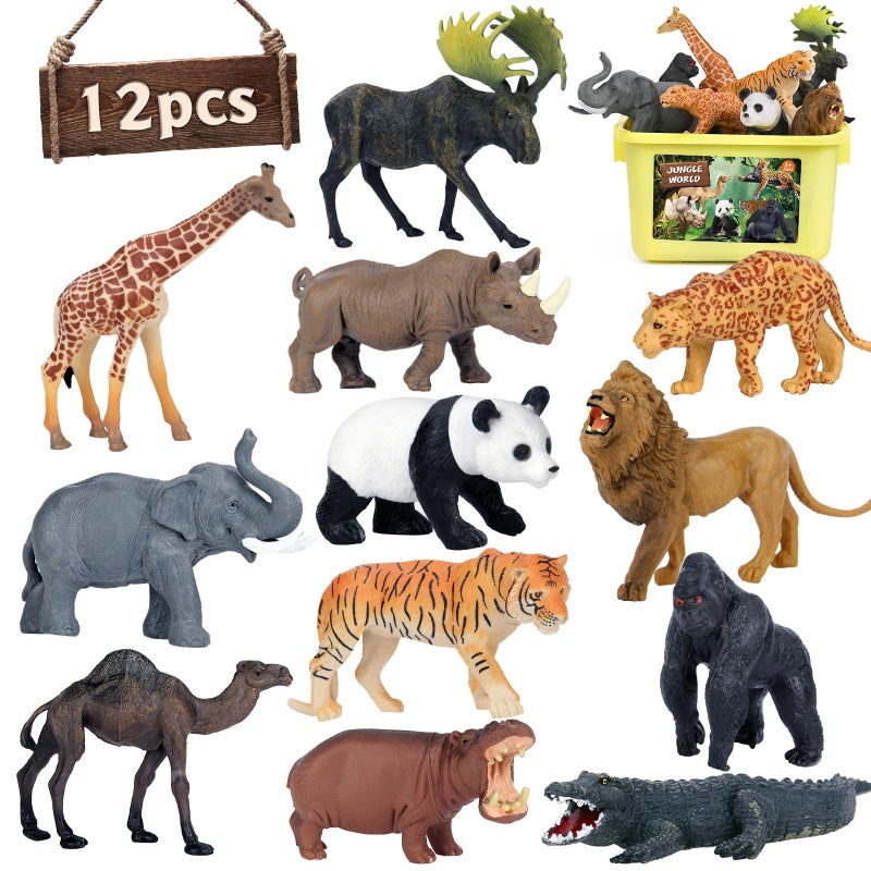 Mini Tudou Safari Animal Toys Figures 12 PCS Realistic Jumbo Wild Jungle Animals Figurines Large African Zoo Animal Playset with LionElephantGiraffe Plastic Animal Learning Toys for Kids Toddlers Boys - Image 2