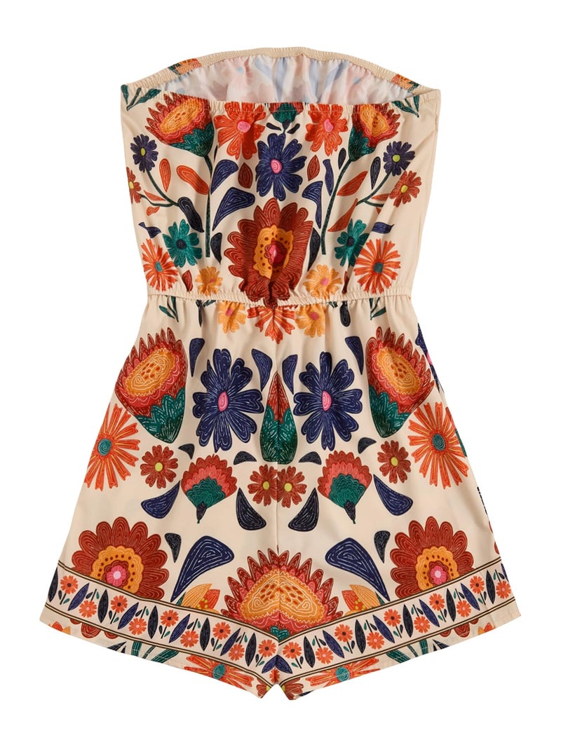 SweatyRocks Women's Off Shoulder Floral Print Playsuit Strapless Romper Short Jumpsuit White Floral Medium - Image 2
