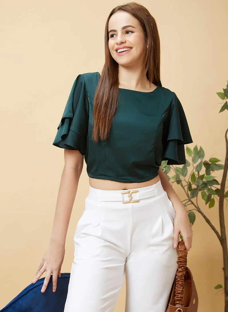 globus Globus Women Green Flared Sleeve Cropped Top