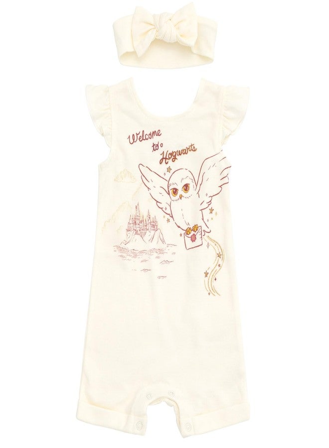 Harry Potter Hedwig Owl Newborn Baby Girls French Terry Romper and Headband White 6-9 Months - Image 1