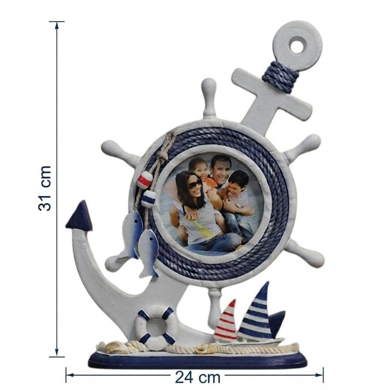 Vintage Coastal Nautical Desktop Wood Picture Frame - Hand Made - Multi Shape Wood Decorative Picture Frame (Ship Rudder, Anchor, Lighter) for Home, Office, Deck (HELP Frame) - Image 1
