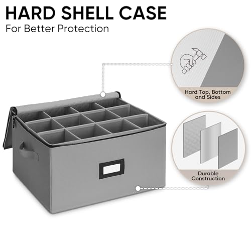 BALEINE China Storage Containers, Sturdy Quilted Wine Glass Storage, Plate Organizer with Carry Handles, Moving Boxes for Dishes, Cups, Mugs and Stemware (Wine Glass, Hard Shell Grey) - Image 3