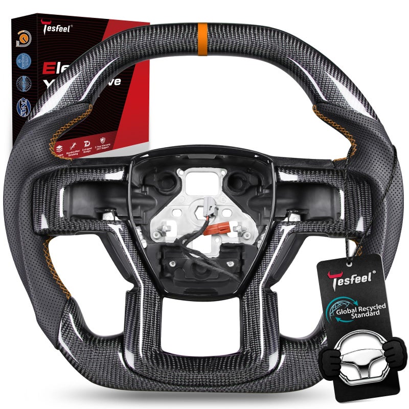 TESFEEL Real Carbon Fiber Steering Wheel for Ford F150 Raptor 20172020 Gen 2 Heated Compatible DoubleD Wheel Orange Stripe Stitching Matching Carbon Fiber Accent - Image 2